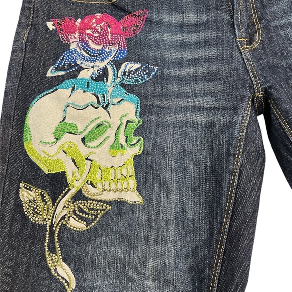 Ed Hardy Jeans Straight Leg Skull Rose Rhinestone Embroidered Painted Size 14 - Picture 11 of 14